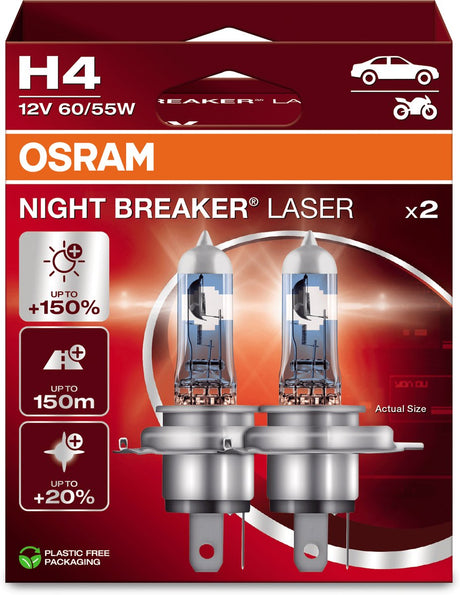Osram night breaker laser - h4 halogen billygter - op til 150% mere lys og 150m synlighed - 64193nl-2hb - Tysk kvalitet - sæt med 2 lamper