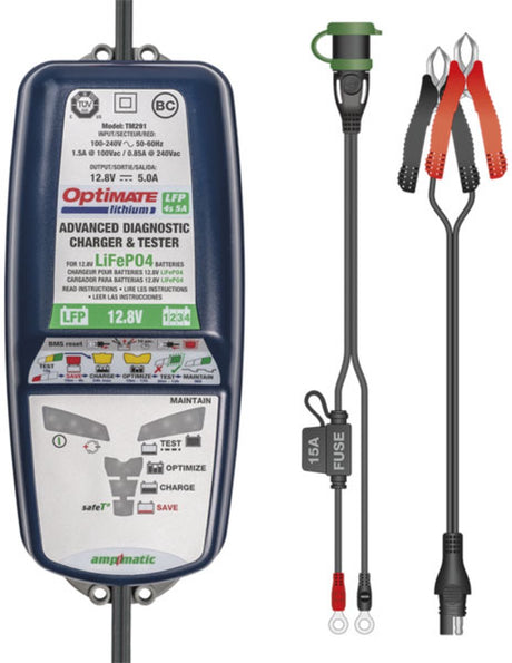 Optimate Lithium 4S 6A 12,8V LifePO4 batterioplader vedligeholdelse - Automatisk 10-trins oplader med Ampmatic teknologi - Sikker vejrbestandig - til motorcykel, bil, ATV vandscooter