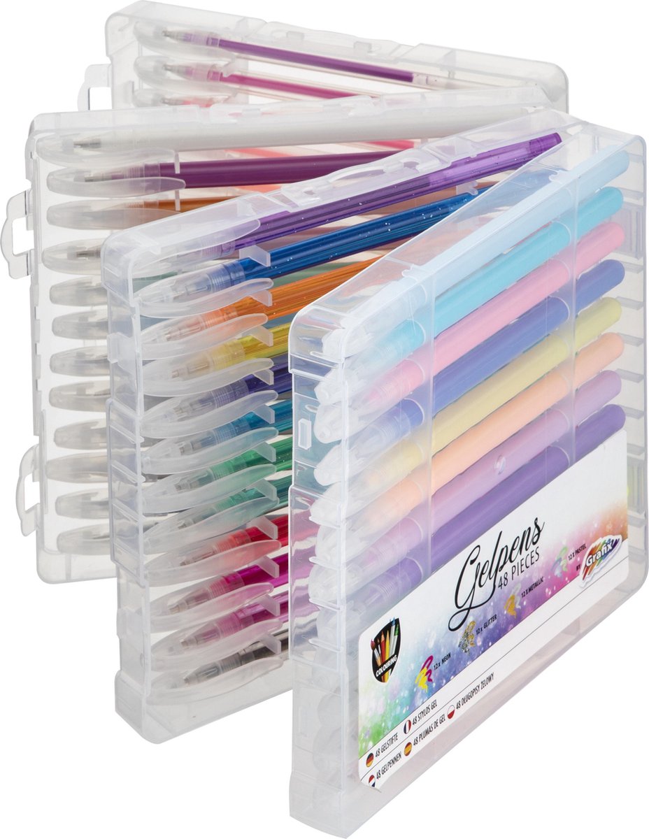 Grafix gelpenne - 48 stk - 12x neonpenne | 12x glitterpenne | 12x metalliske kuglepenne | 12x pastelpenne - gelpenne til børn og voksne |