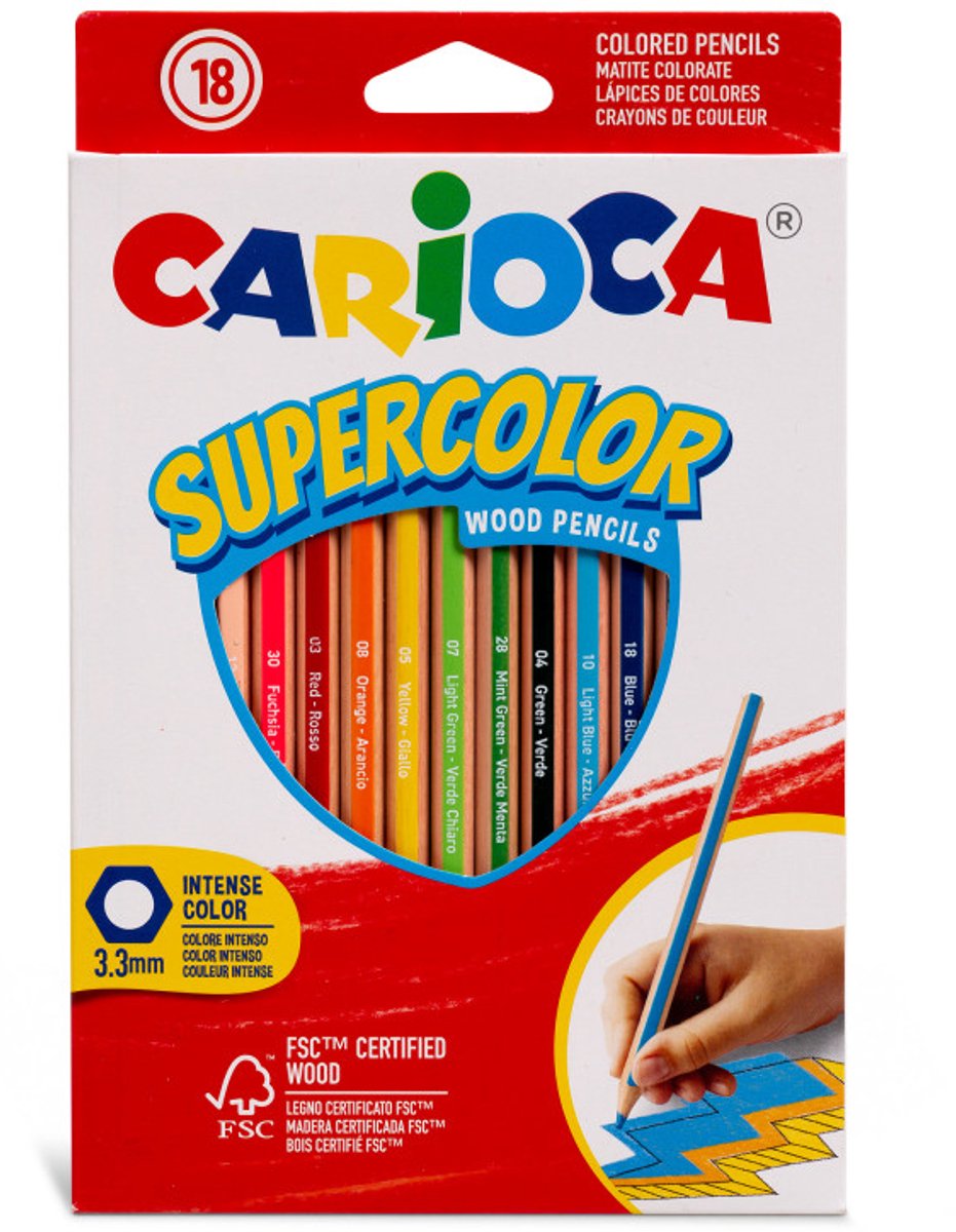 Carioca supercolor farveblyanter - 18 klare farver - sekskantede - træfarvede blyanter - stærk kerne - nemme at spidse