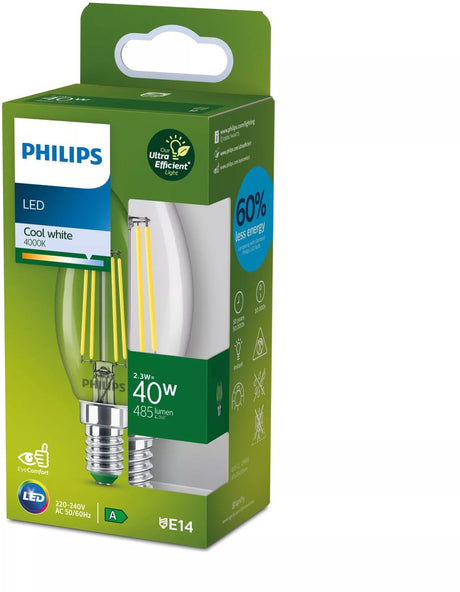 Philips led philips ultra efficient led kaarslamp transparant - 40 w - e14 - koelwit licht - energielabel a
