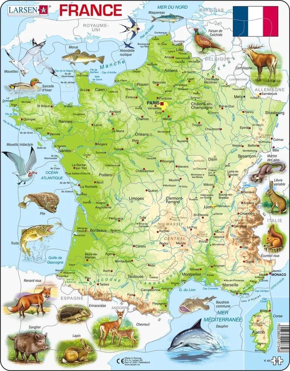 Larsen carte physique de la france – puslespil – Frankrig – géographie physique – puslespil éducatif pour enfants – 60 brikker – Fabriqué en norvège – brikker ekstra épaisses de 2,5 mm – plateau med bordfixe