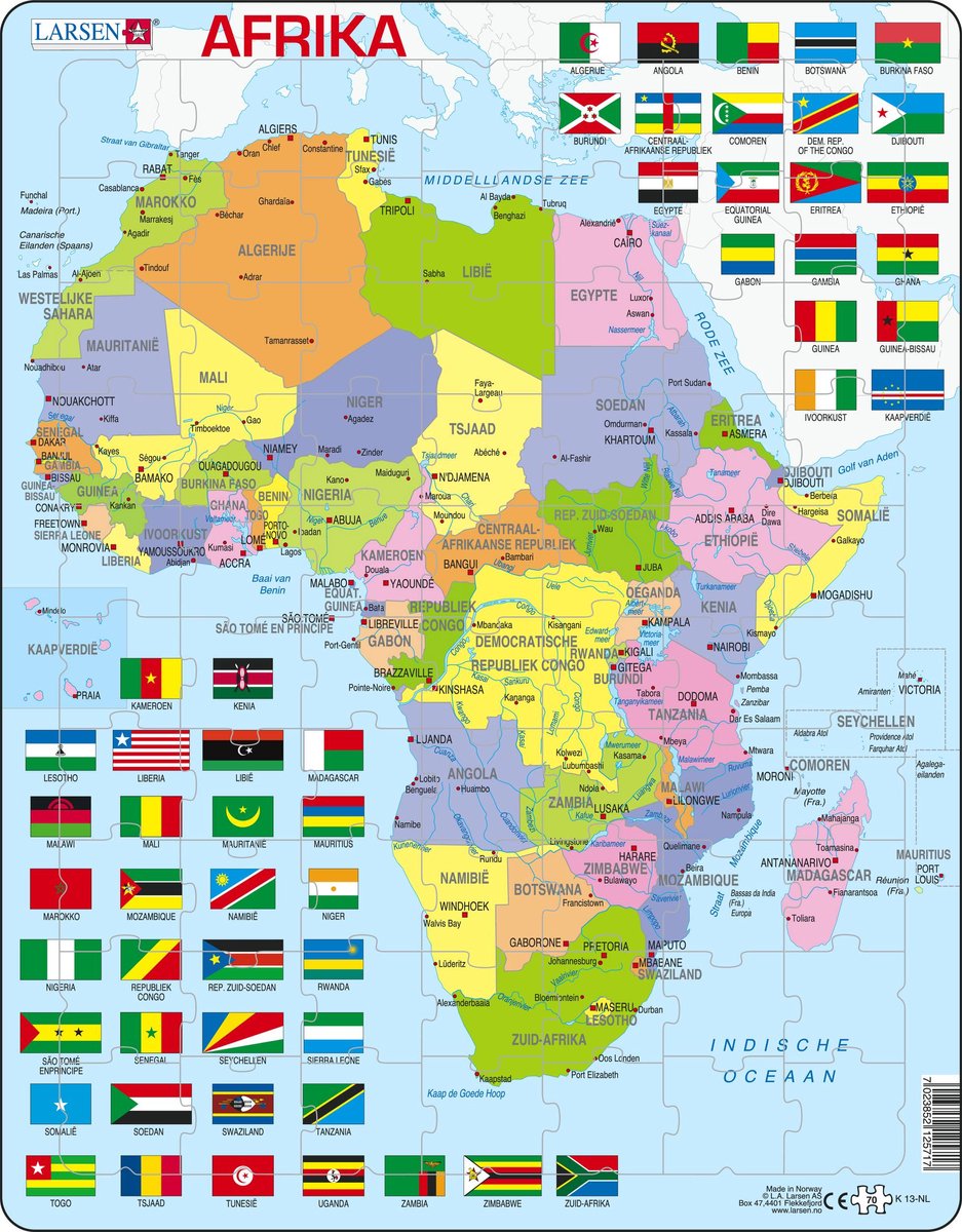 Larsen Afrika med flag – puslespil – kort geografi – flag Afrika – pædagogisk puslespil for børn – 70 brikker – lavet i Norge – ekstra tykke 2,5 mm brikker – bakke med fast kant