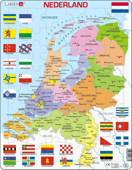 Larsen Holland med provinser og flag – puslespil – kort geografi – Holland – pædagogisk puslespil for børn – 48 brikker – lavet i Norge – ekstra tykke 2,5 mm brikker – bakke med fast kant