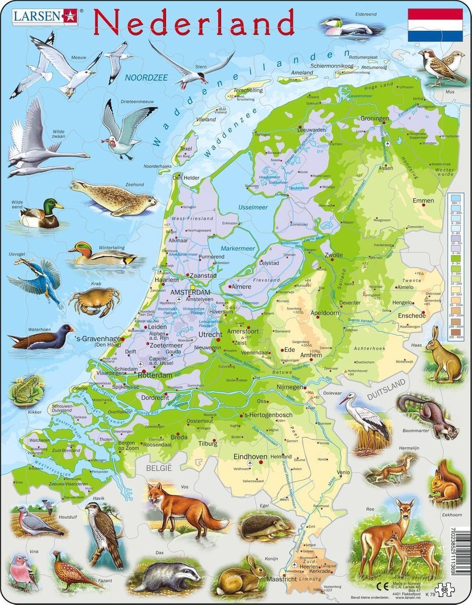 Larsen Holland geografisk med dyr - puslespil - kort geografi - Holland - pædagogisk puslespil for børn - 68 brikker - lavet i Norge - ekstra tykke 2,5 mm brikker - bakke med fast kant