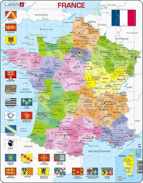 Larsen france carte politique – puslespil – Frankrig – régions et départements – puslespil éducatif pour enfants – 70 brikker – Fabriqué en norvège – brikker ekstra épaisses de 2,5 mm – plateau med bordfixe