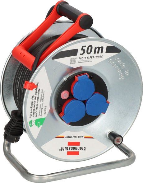 Brennerstuhl garant s ip44 kabelrulle (50 m kabel i sort, stålplade, kortvarig udendørs brug, fremstillet i Tyskland) sølv