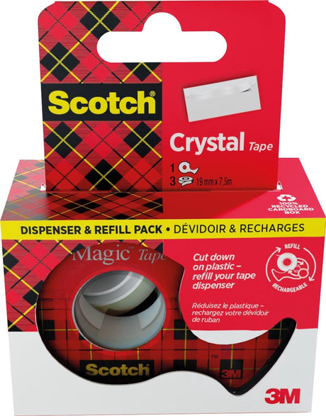 Scotch krystal tape klæbende tape ft 19 mm x 7 | 5m | dispenser + 3 ruller | hængebar kasse