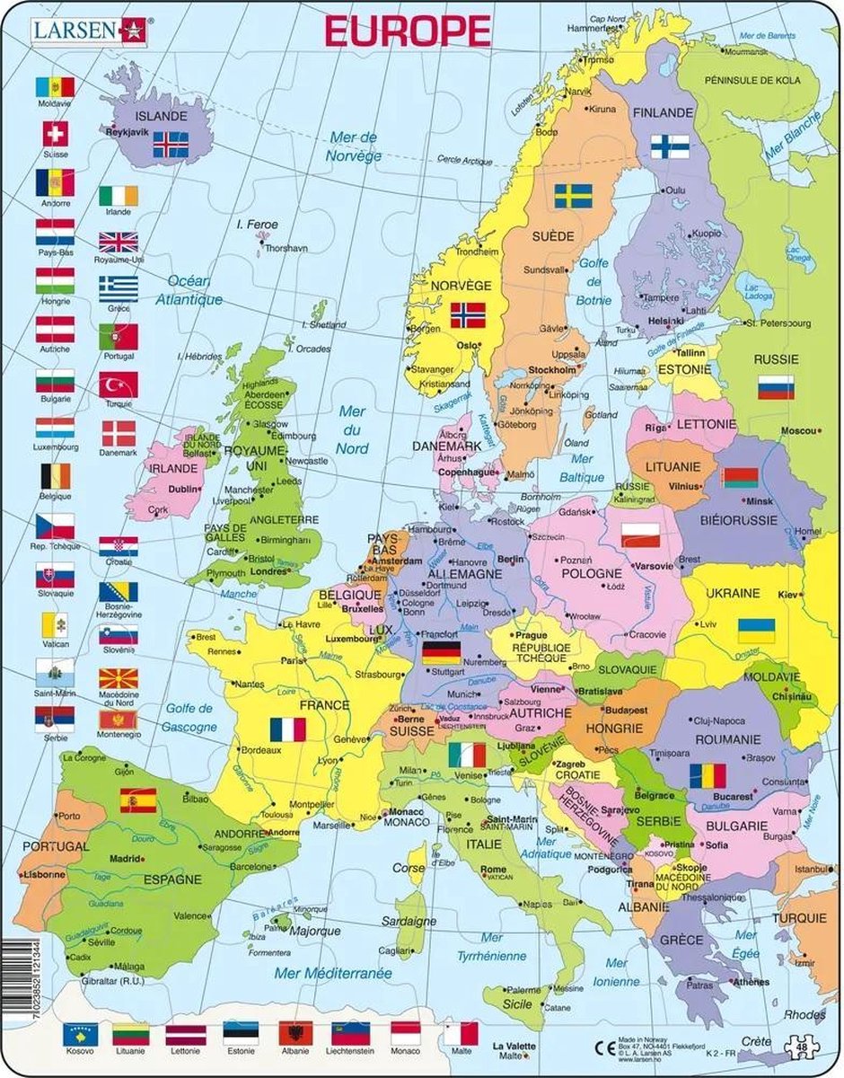Larsen carte politique de l'europe – puslespil – europa – pays et drapeaux – puslespil éducatif pour enfants – 48 brikker – fabriqué en norvège – brikker ekstra épaisses de 2,5 mm – plateau med fast plade