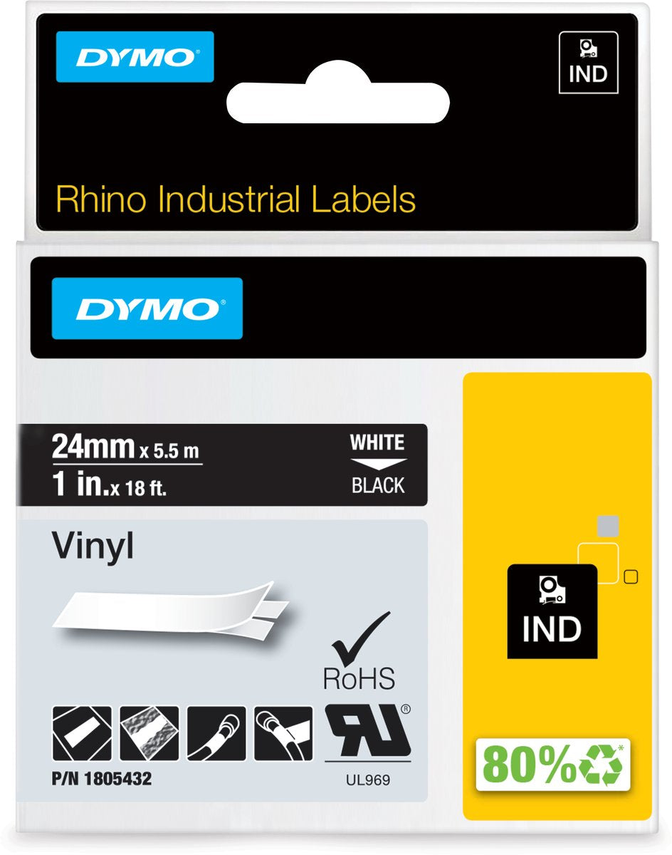 Dymo næsehorn industrielle vinyletiketter | 24 mm x 5,5 m | hvidt tryk på sort | selvklæbende etiketter til rhino label manager etiketprintere
