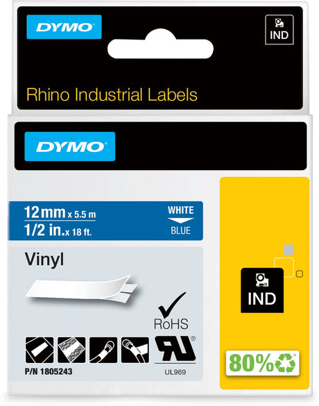 Dymo næsehorn industrielle vinyletiketter | 12 mm x 5,5 m | hvidt tryk på blåt | selvklæbende etiketter til rhino label manager etiketprintere