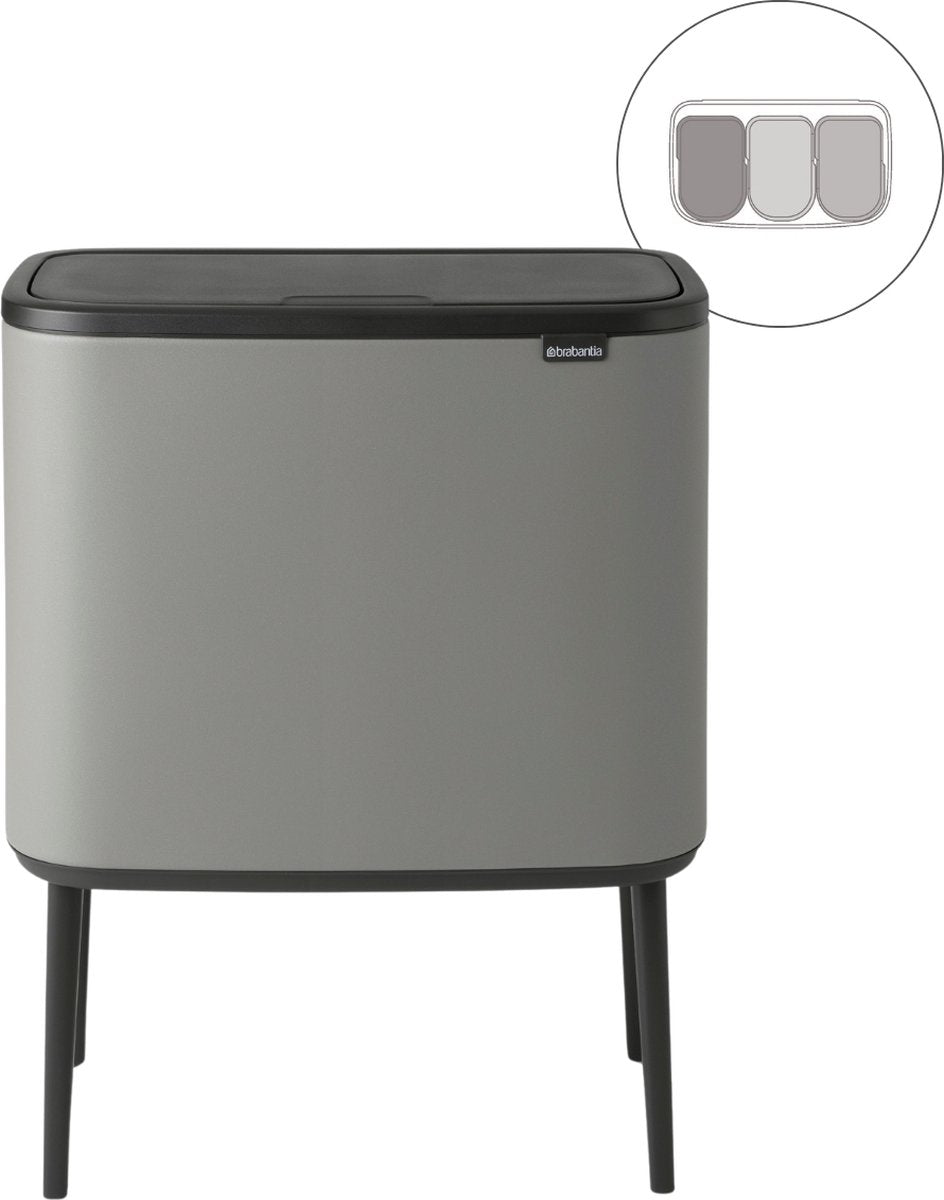 Brabantia bo touch skraldespand - 3 x 11 liter - affaldssortering - mineralbeton grå