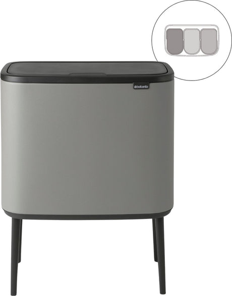 Brabantia bo touch skraldespand - 3 x 11 liter - affaldssortering - mineralbeton grå