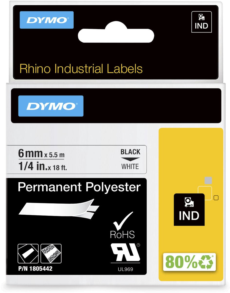 Dymo næsehorn industrimærker | permanent polyester | 6 mm x 3,5 m | sort print på hvidt | selvklæbende etiketter til rhino label manager etiketprintere