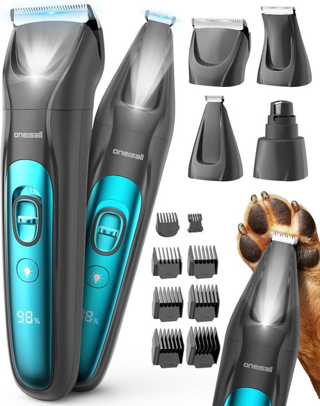 Oneisall 4-in-1 dierentrimmer fc-10 - hondentrimmer katten trimmer met led-licht, poottrimmer, nagelvijl gebogen mes – stille hondentondeuse – 2000 mah oplaadbaar – kat en hond tondeuse
