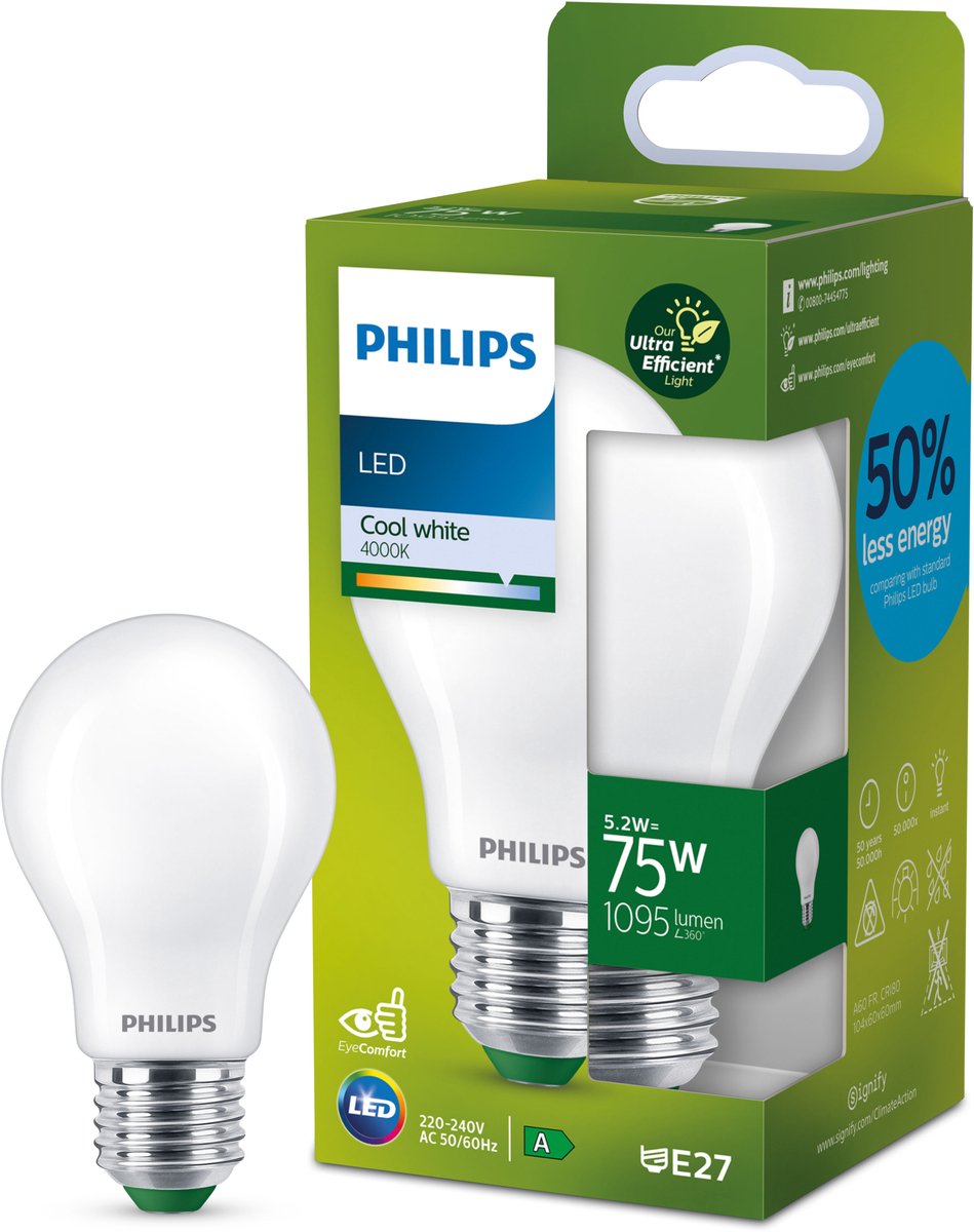 Philips led philips ultra efficient led lamp mat - 75 w - e27 - koelwit licht