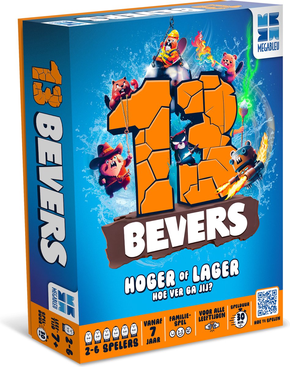 Megableu 13 bævere - spændende højere eller lavere brætspil - familiespil for 2-6 spillere - fra 7 år - blanding af held og strategi