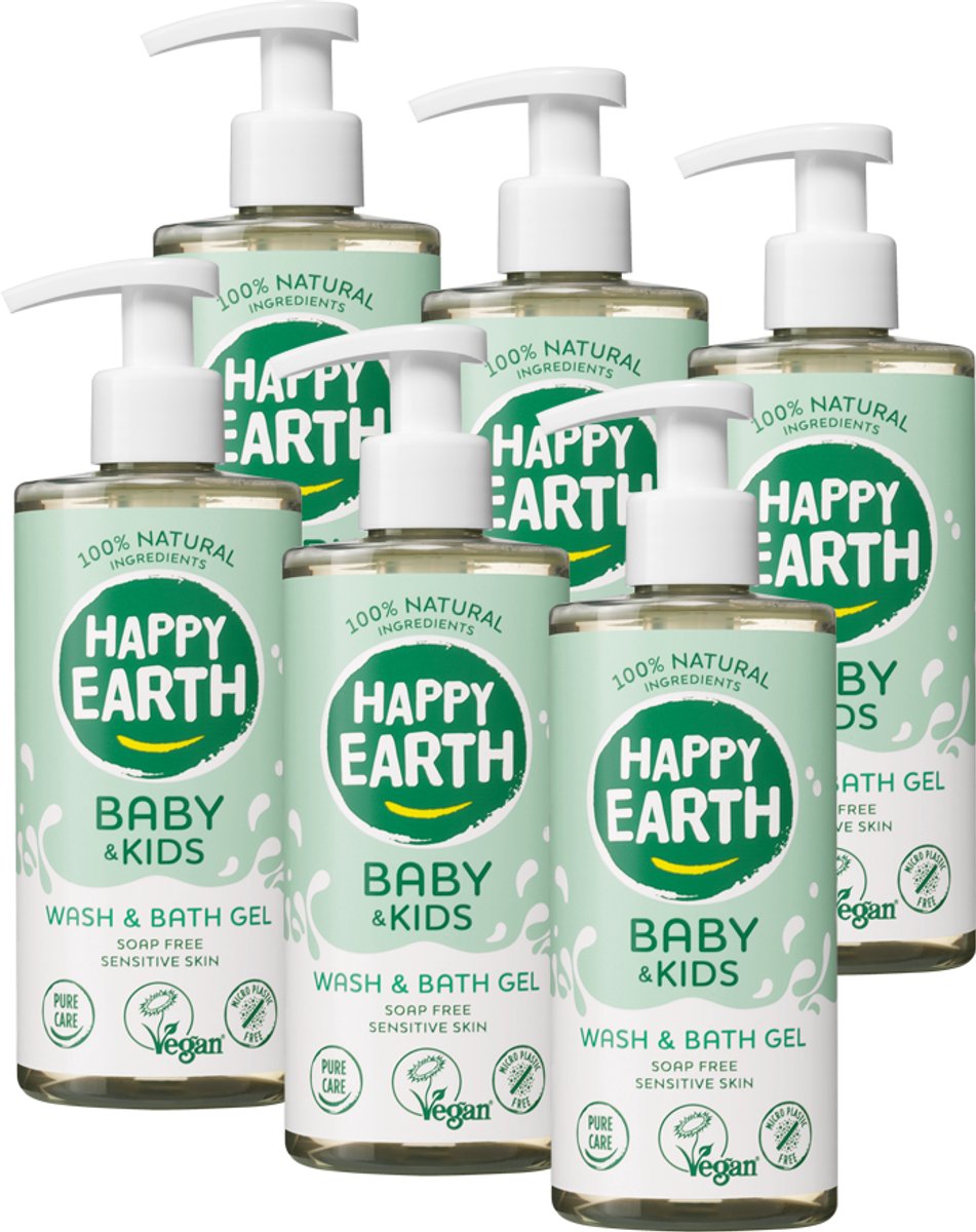 Happy earth bundel was badgel baby kids - 100% natuurlijk - microplasticvrij - 0% sls sles - babyverzorging – zeepvrij – geschikt voor pasgeborenen – 6 x 300ml - voordeelverpakking