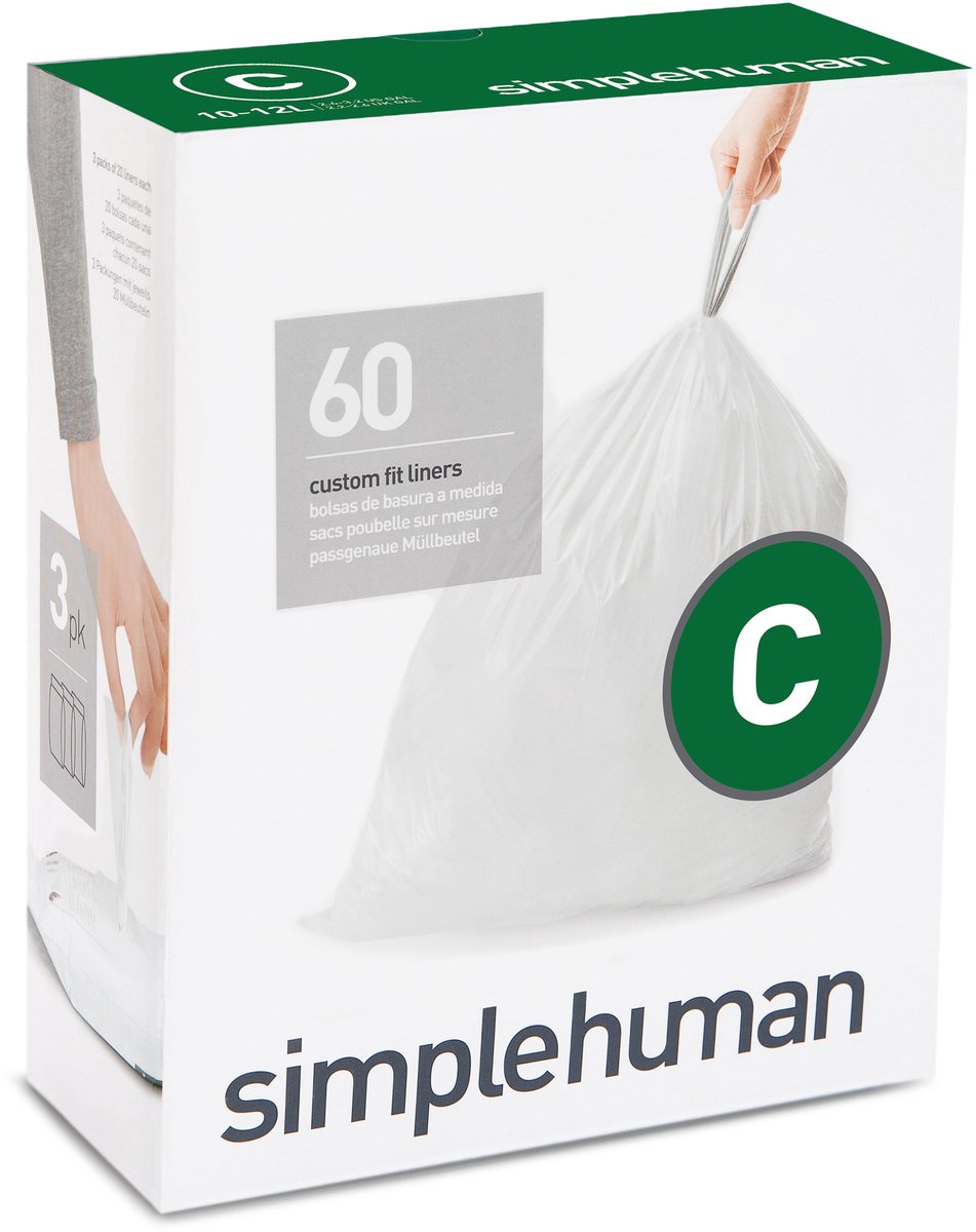 Simplehuman kode c affaldsposer - 12 liter - 60 stk - med snøre - hvid