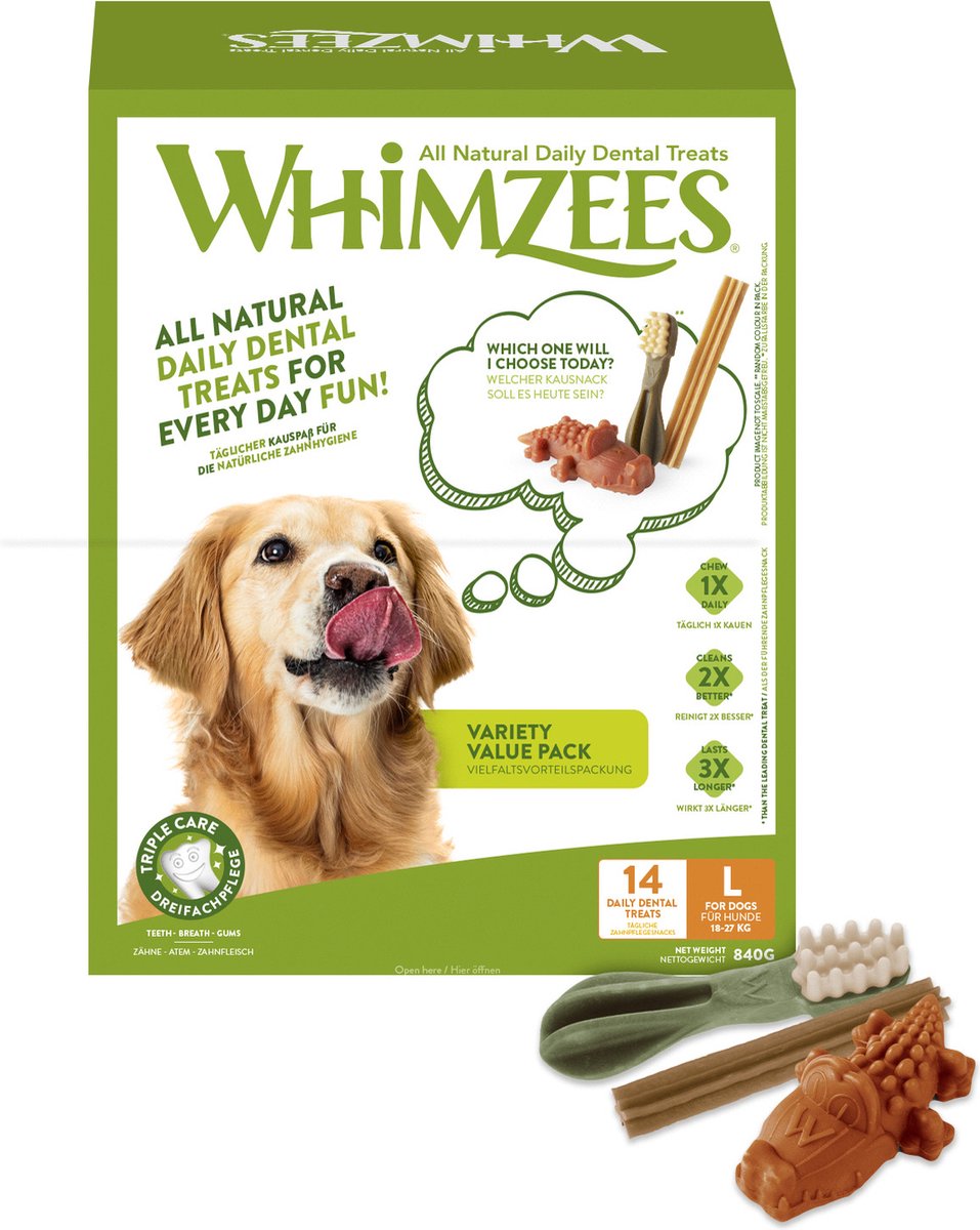 Whimzees sort box l - tygge snacks - hund - sortiment - 14 stk