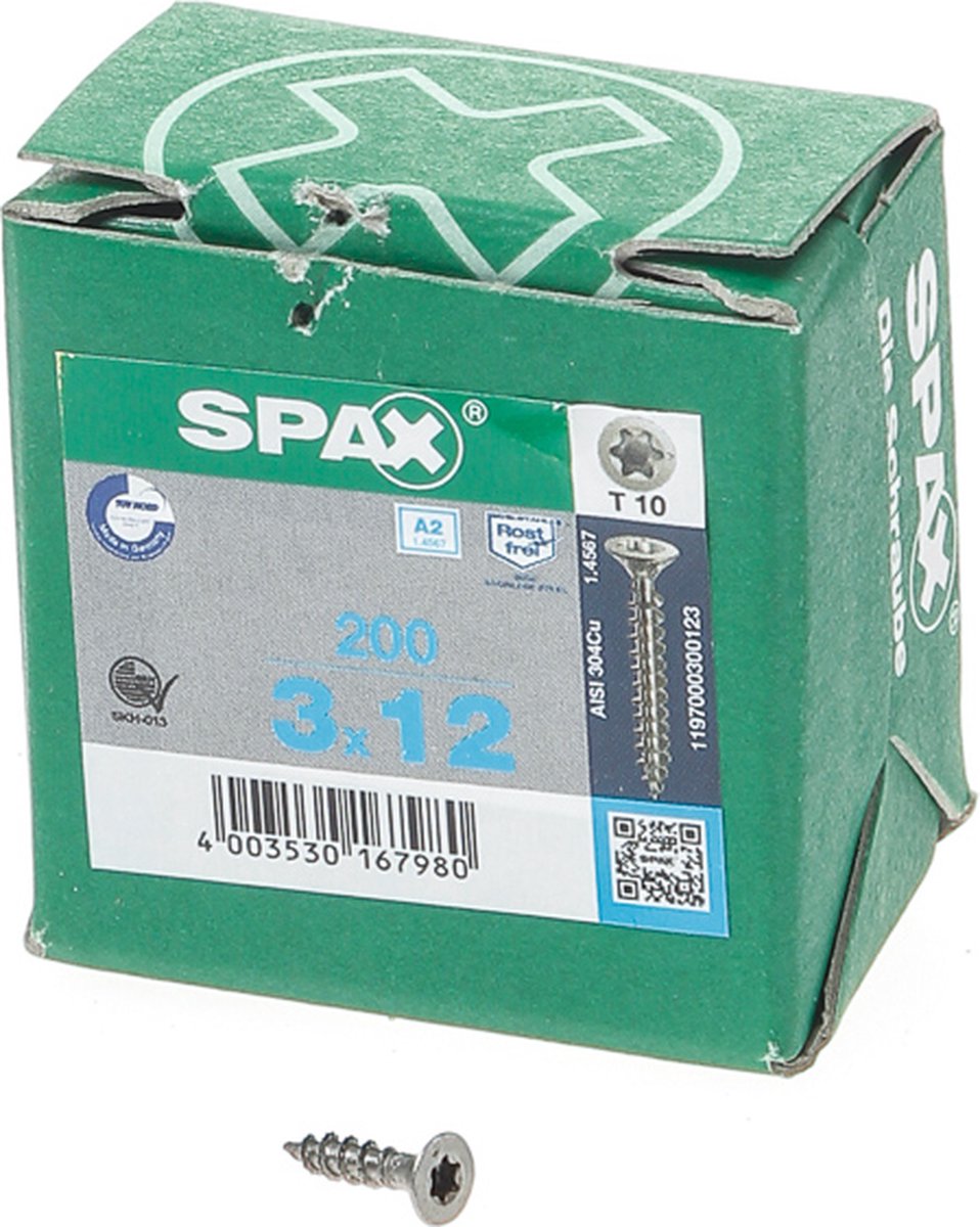 Spax - spånpladeskruer - torx 10 fladt hoved - 3 x 12 mm - fuld gevind - rustfrit stål (200 stk.)
