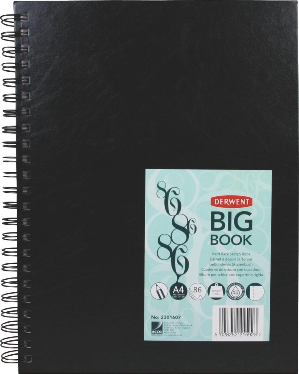 Derwent a4 spiralindbundet hardcover skitsebog til tegning og skrivning - 86 ark - syrefrit papir - professionel kvalitet - sort