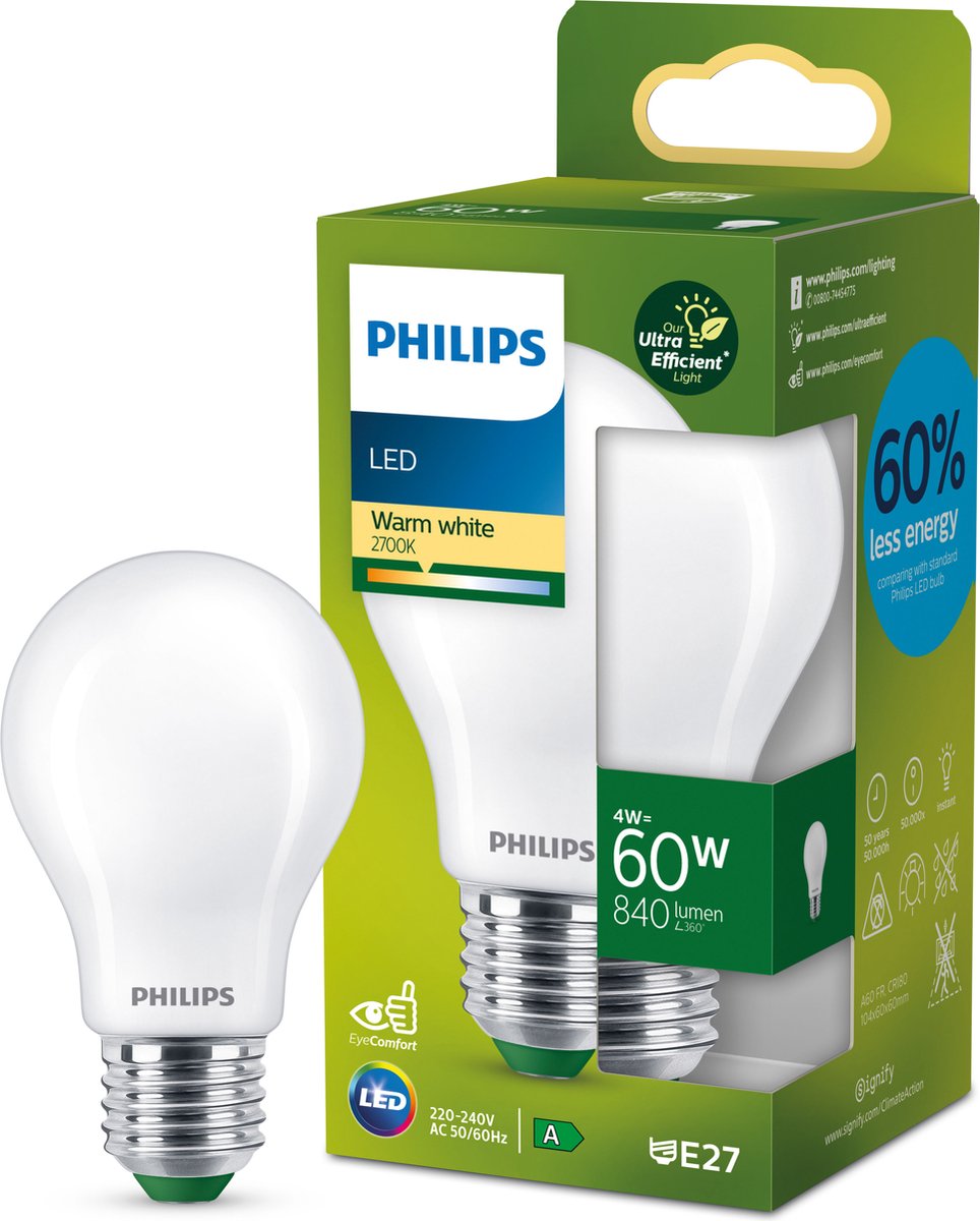 Philips led philips ultra efficient led lamp mat - 60 w - e27 - warmwit licht