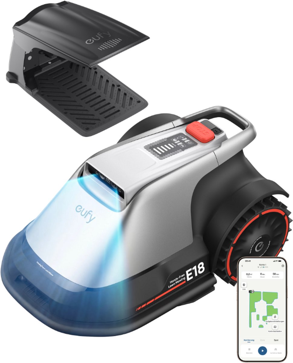 Eufy robotplæneklipper e18 - trådløs - uden RTK - ingen signalproblemer - 5 minutters opsætning - automatisk kortlægning op til 1200 m2 - undgåelse af forhindringer - ride-on edge - styring via app - med regnslag