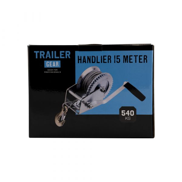 Trailergear håndspil + kabel + krog, 540 kg.