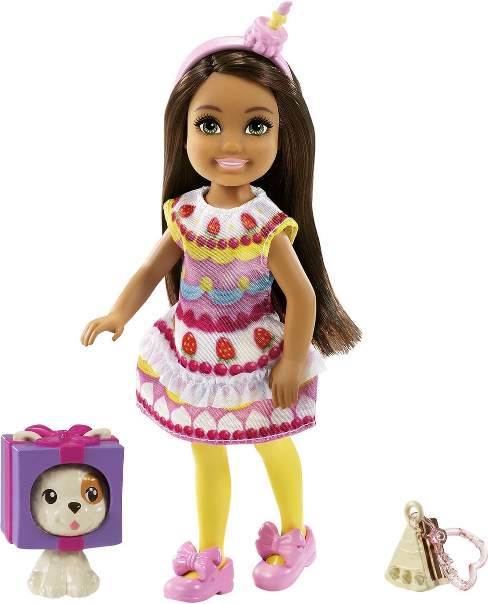 Barbie club chelsea - pige med cupcake kjole - 15 cm - mini dukke