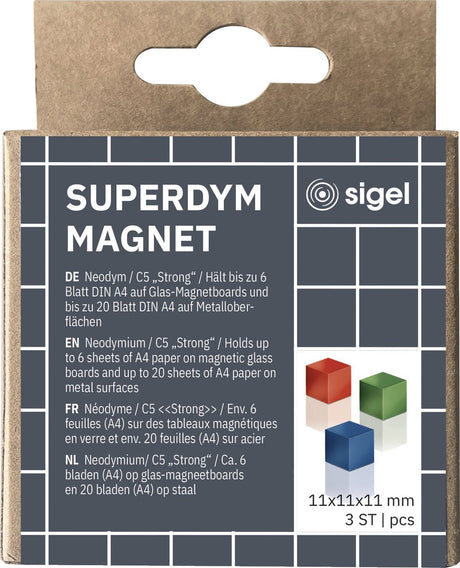 Sigel magneter - til glasplade - c5 stærk - 11x11x11mm - blå, rød, grøn - si-ba725