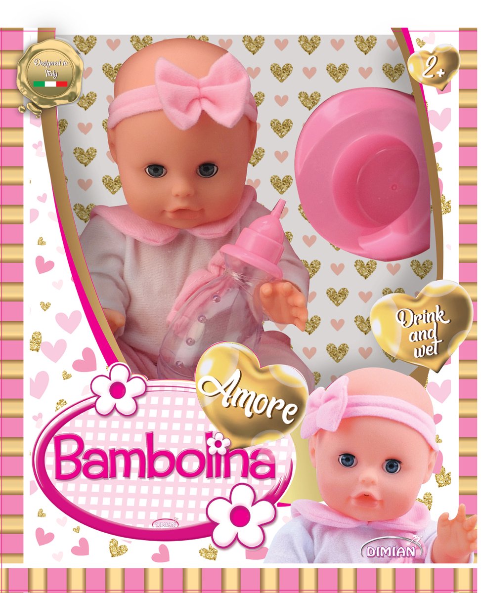 Dimian dukke med potte og drikkedunk - amore - 33 cm.