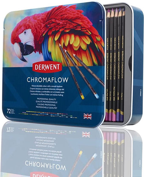 Derwent chromaflow farveblyanter i blik - sæt med 72 blyanter med blød kerne - assorteret