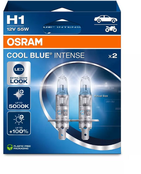 Osram cool blue intense next gen h1 halogen billygter - hvidere lys og op til 100 % mere synlighed - Tysk kvalitet - sæt med 2 lamper - 64150cbn-2hb