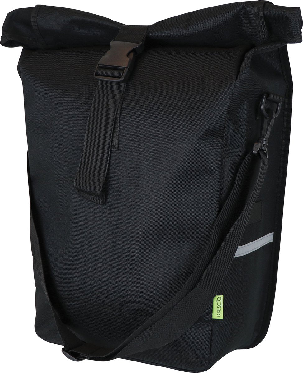 Dresco enkelt cykeltaske fritid - kapacitet 18 liter - vandafvisende nylon - to monteringskroge - låsbar rullelukning - justerbar skulderrem - monteringsmulighed for bærbare lygter - reflekterende accenter - mål 48x30x15cm
