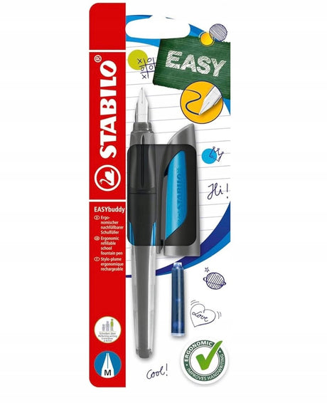 Stabilo easybuddy - ergonomisk fyldepen - sort lyseblå - m nib til højrehåndede