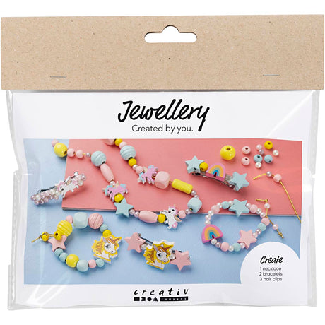 Creativ firma mini hobby sæt smykker, halskæde, armbånd, øreringe, lyseblå, lyserød, gul, 1 æske