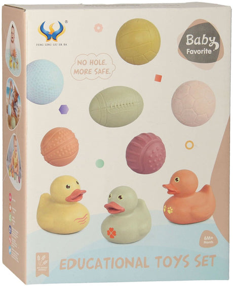 Lobbes legetøj, fx badelegetøjssæt med sansebadebolde, gummiænder, pastel