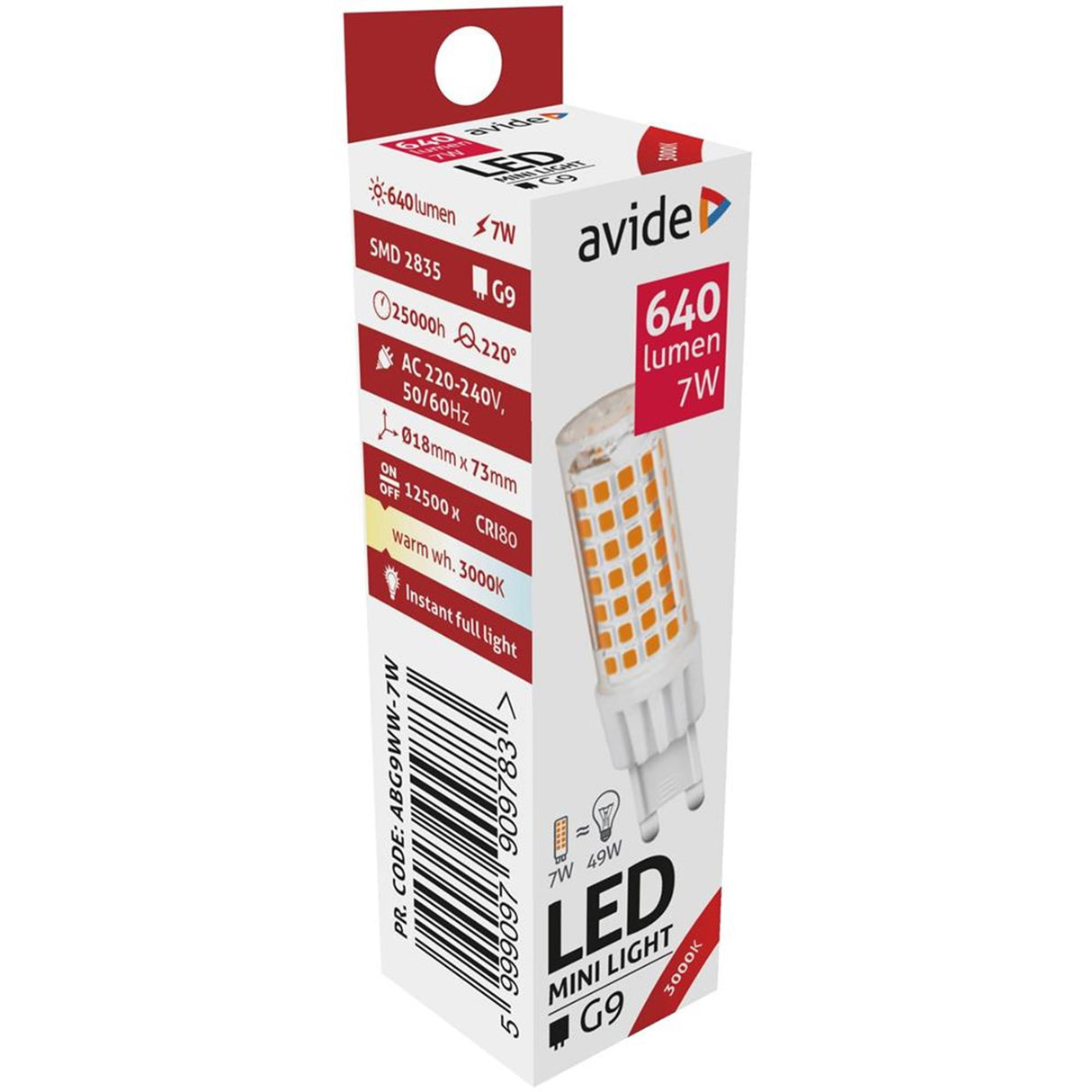 Avide LED-lampe 7 W, G9 fitting, 3000 Kelvin varm hvid, 640 lumen.