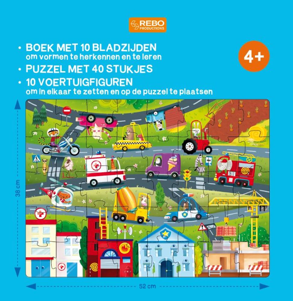 Rebo forlags bog, puslespil + 10 figurer - køretøjer