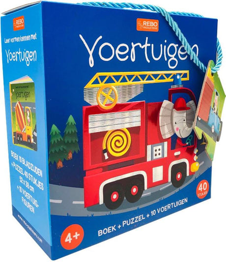 Rebo forlags bog, puslespil + 10 figurer - køretøjer