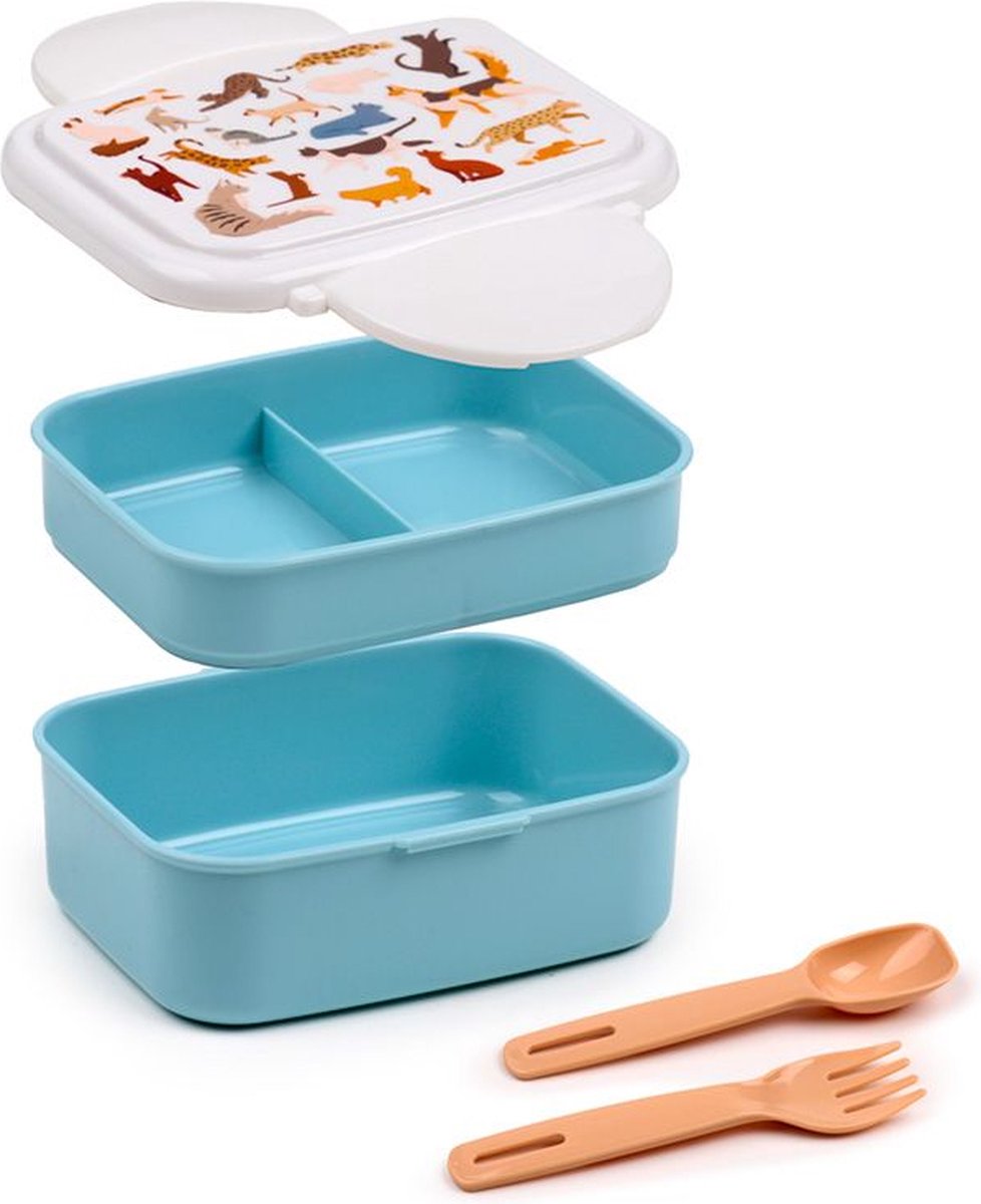 Puckator bento box madkasse - fine kattekatte - lyseblå hvid - bestik - 9x15,5x14cm