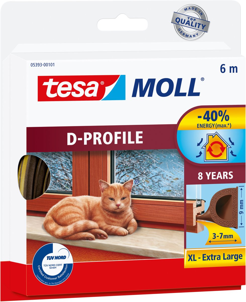 Tesa vejrliste moll d-profil gummi 6mx9mm brun