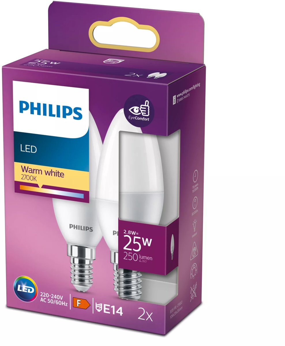 Philips led energiezuinige kaars mat - 25 w - e14 - warmwit licht - 2 stuks - bespaar op energiekosten