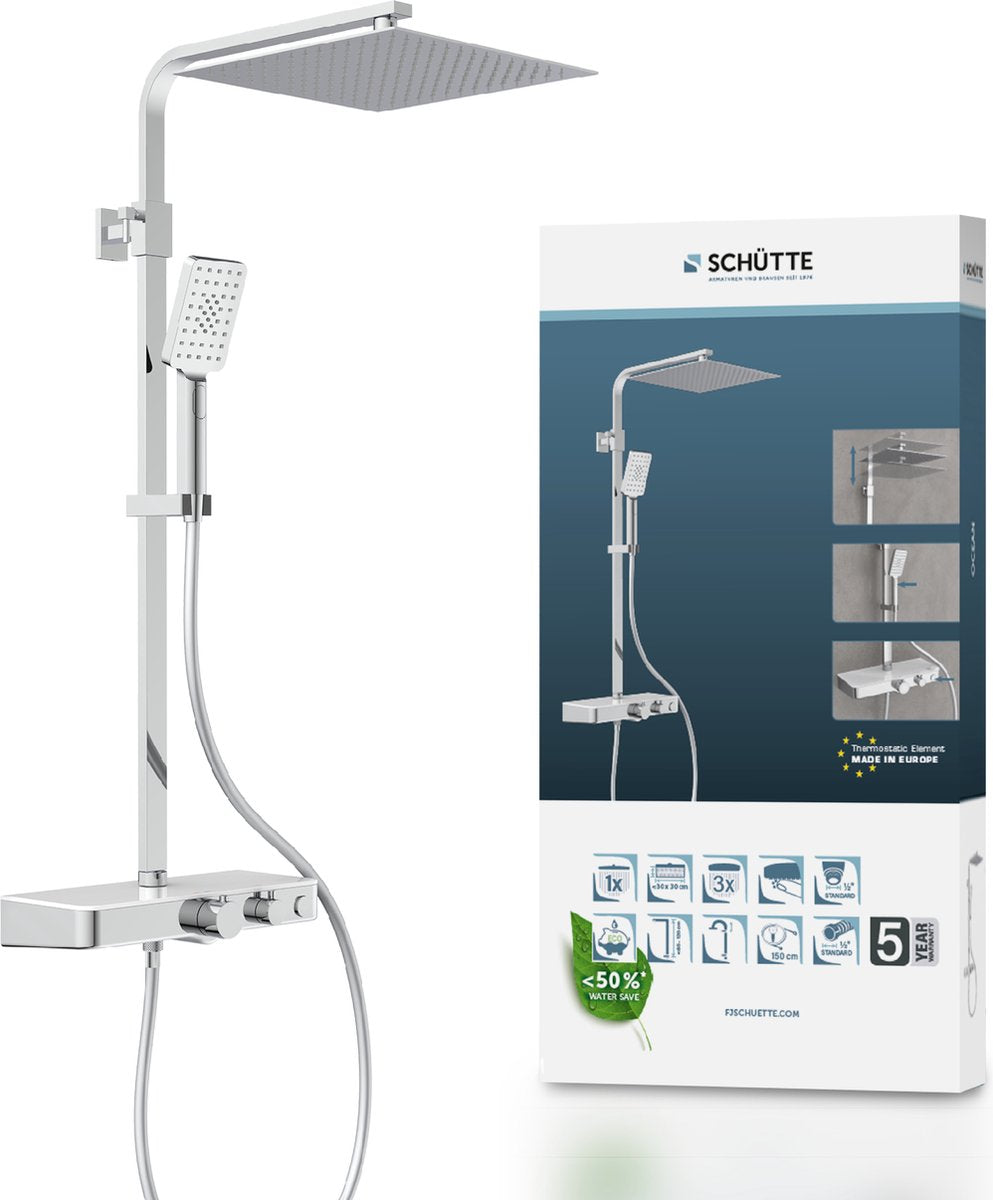 Schütte havbrusesystem - regnbruser - med termostatisk brusehane - integreret glashylde - med trykknap-omskifter - centerafstand 150 mm - krom hvid