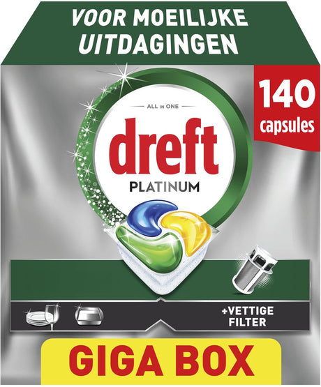 Dreft platin opvasketabletter citron - svære udfordringer - fedtet filter - 140 stk.