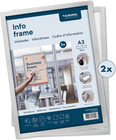 Europel bytteramme selvklæbende - plakatramme - magnetramme - A3 - 29,7 x 42 cm - sæt med 2 styk - sølv