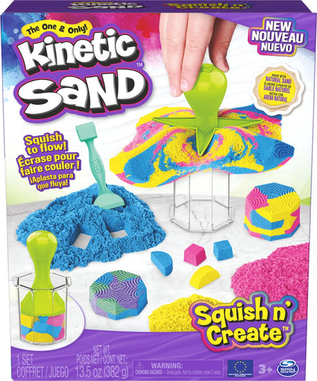 Kinetisk sand - squish n' create med 382 g blå gul og pink original og 5 værktøjer - sanselegetøj