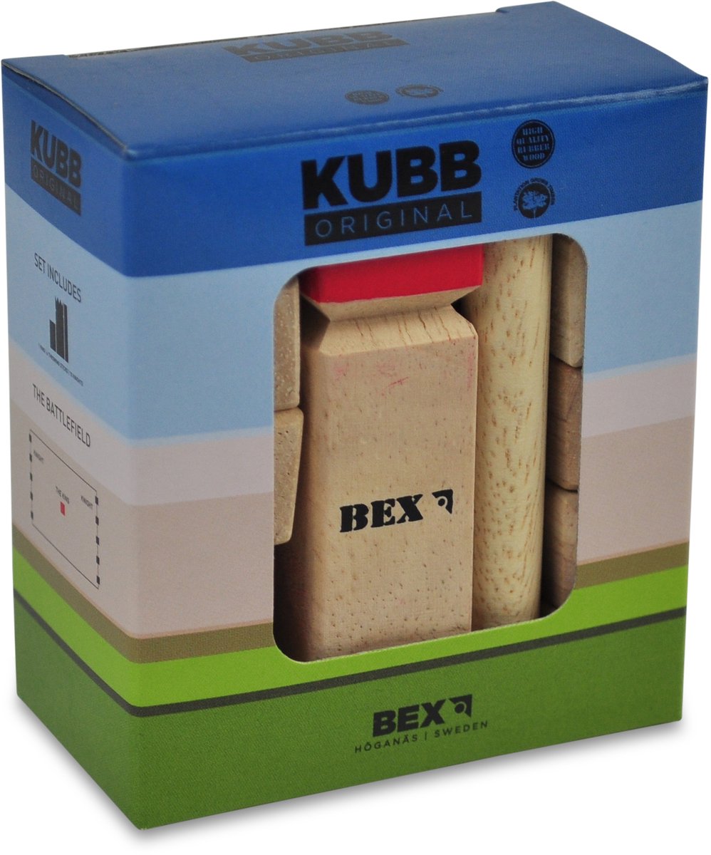 Bex kubb mini – svensk vikingeskak – bordmodel dekorativt spil – massivt gummitræ – konge med rød krone – fra 8 år