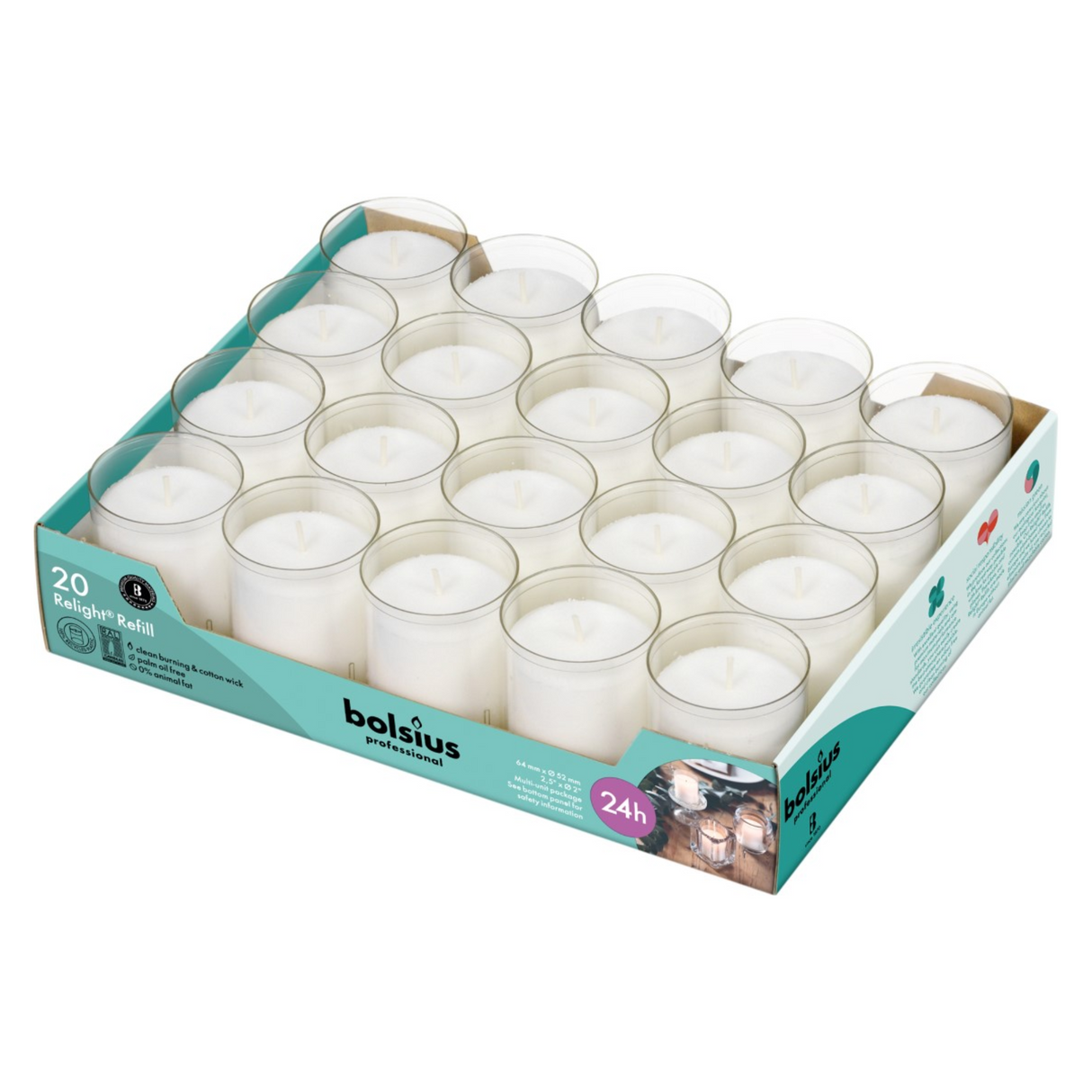Bolsius lysestage refill gennemsigtig ø52x64 mm 24 timer (20 stk.)